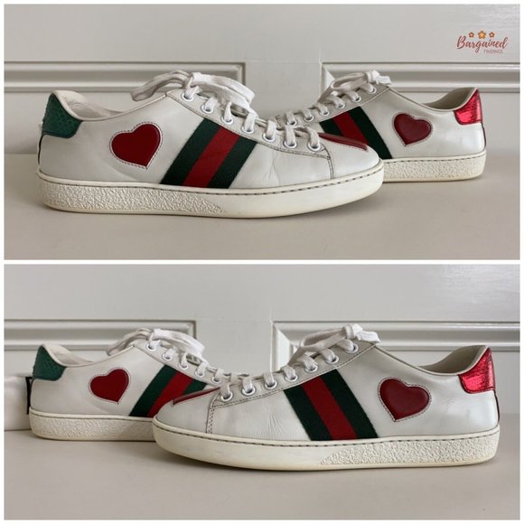 Authentic GUCCI White Leather Ace Heart Embroidered Web Low Top Sneakers 36/6 G - Picture 8 of 13